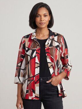 NWT | Multiples Africa Geometric Mesh Button Up Top Red Black Tan | XS